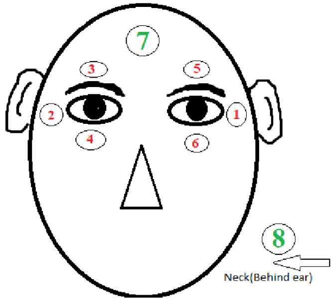 The facial positions studied for placing EOG electrodes